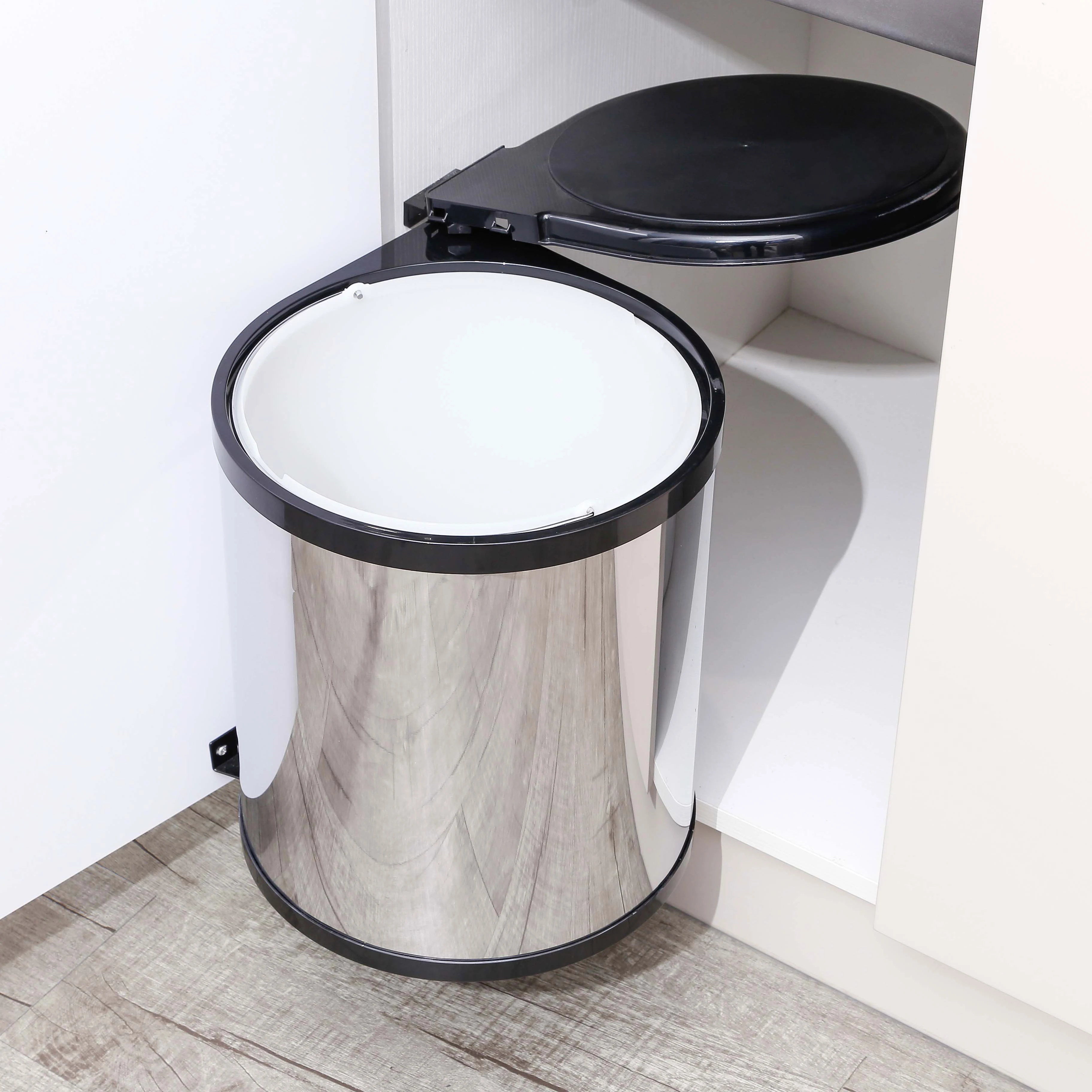 Kitchen under-sink trash can lid pivot pull out waste container