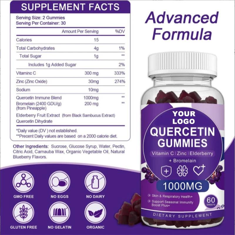 Best Quality Directly Supply Immunity Support Pure Zinc Natrual Plant 98% Quercetin Dihydrate Powder Gummies With Bromelain