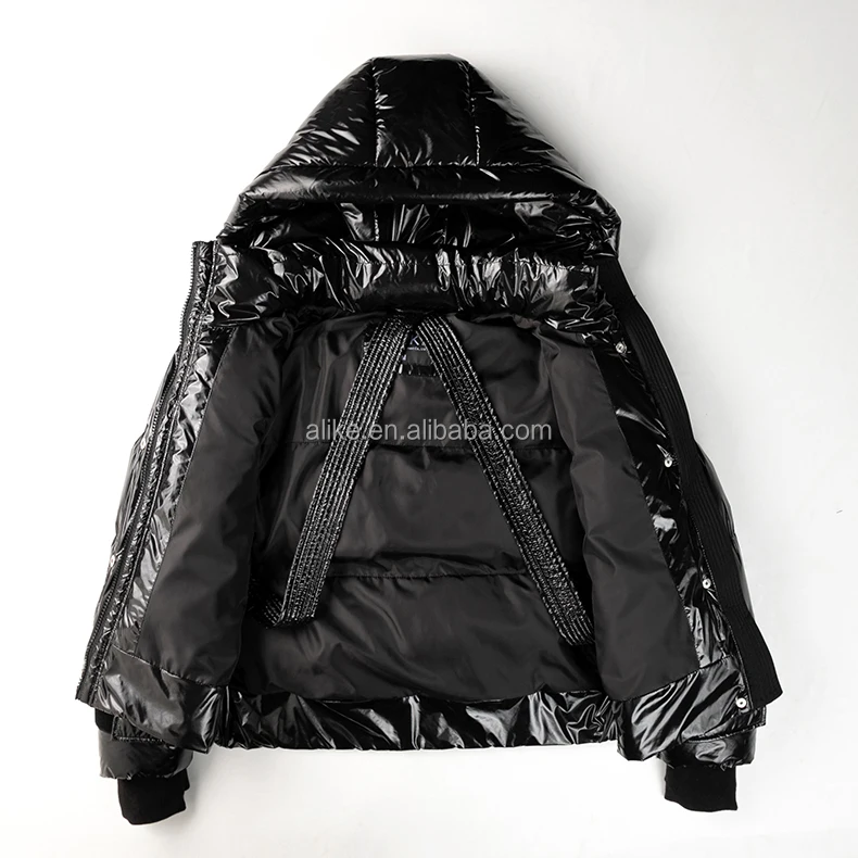 Winter Women Jacket Shiny Pu Nylon Fashion Drop Shoulder Y2K OEM Factory Black Crop Custom Puffer Women Jacket