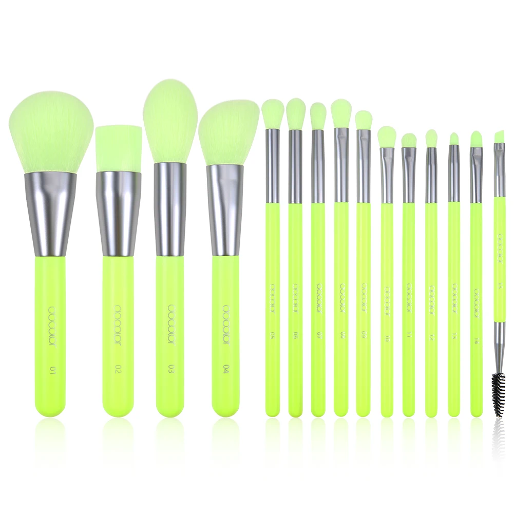 Docolor original manufacturer 15 pcs neon green makeup brush set  with superior quality N-1505