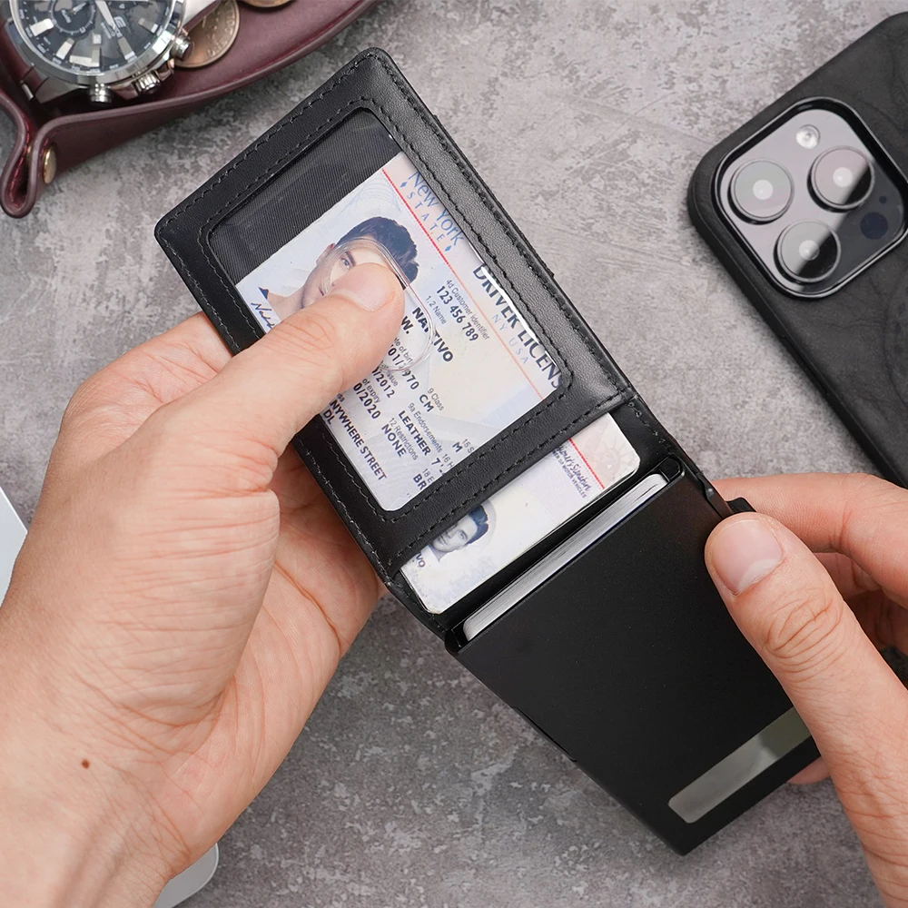 RFID Blocking Mens Wallet Card Holder, Pop Up Card Case, Smart Slim Minimalist Bifold Wallet Back Side With Money Clip