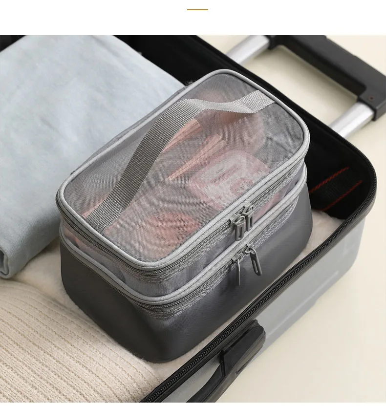 Wholesale Two Layer Grey Mesh Cosmetic Bags Toiletries Makeup Pouches Recycling Mesh Zipper Bag Nylon Mesh Bag Travel Pouch