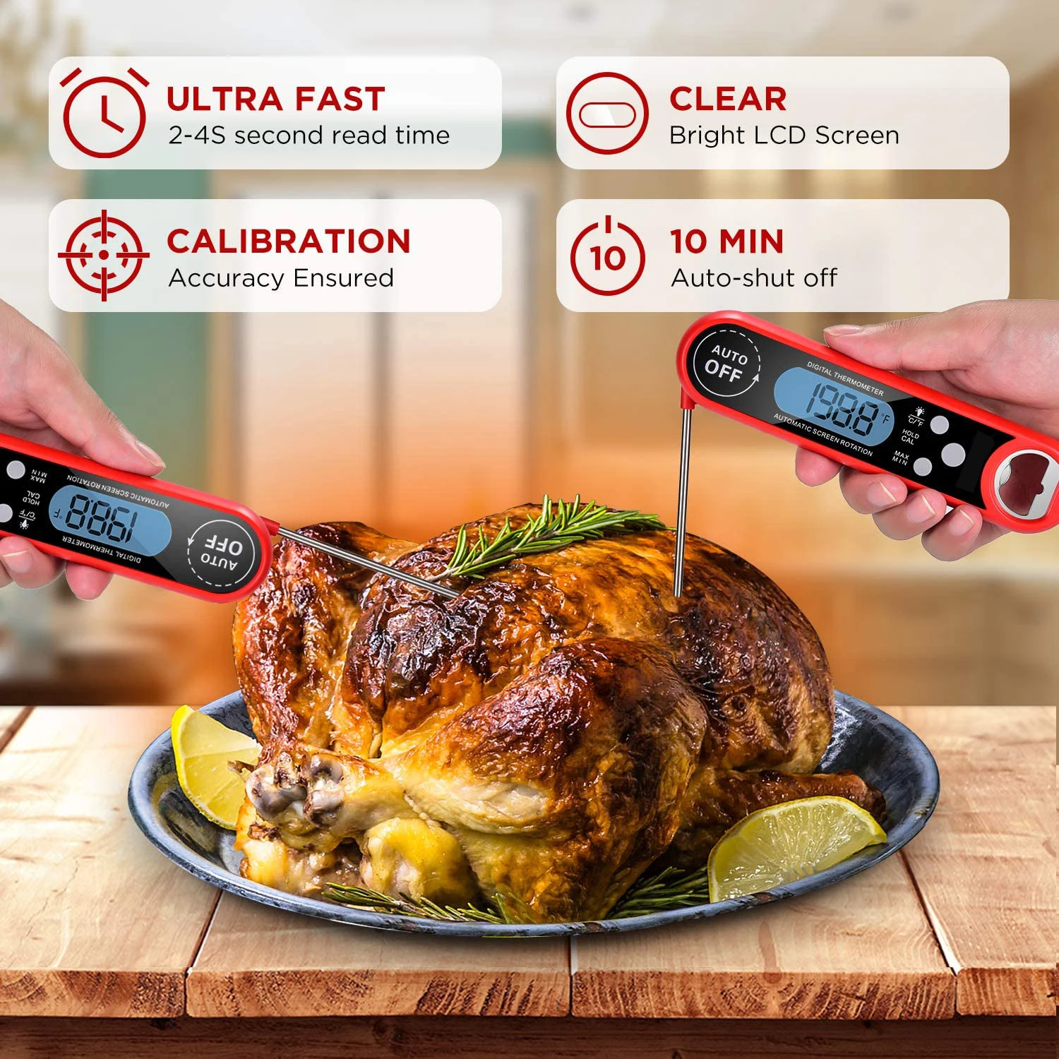 Ultra Fast Digital Cooking Thermometer IP67 Waterproof with Back Light and Calibration Instant Read Meat Thermometer