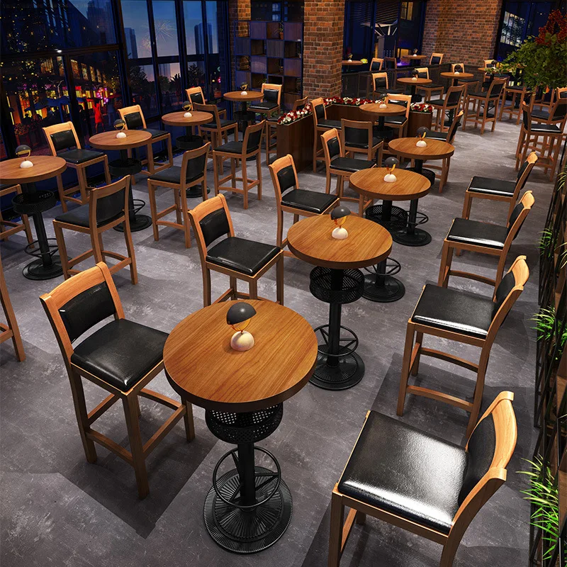 High quality antique design high bar table and chair solid wood leather seat coffee shop restaurant leisure furniture set