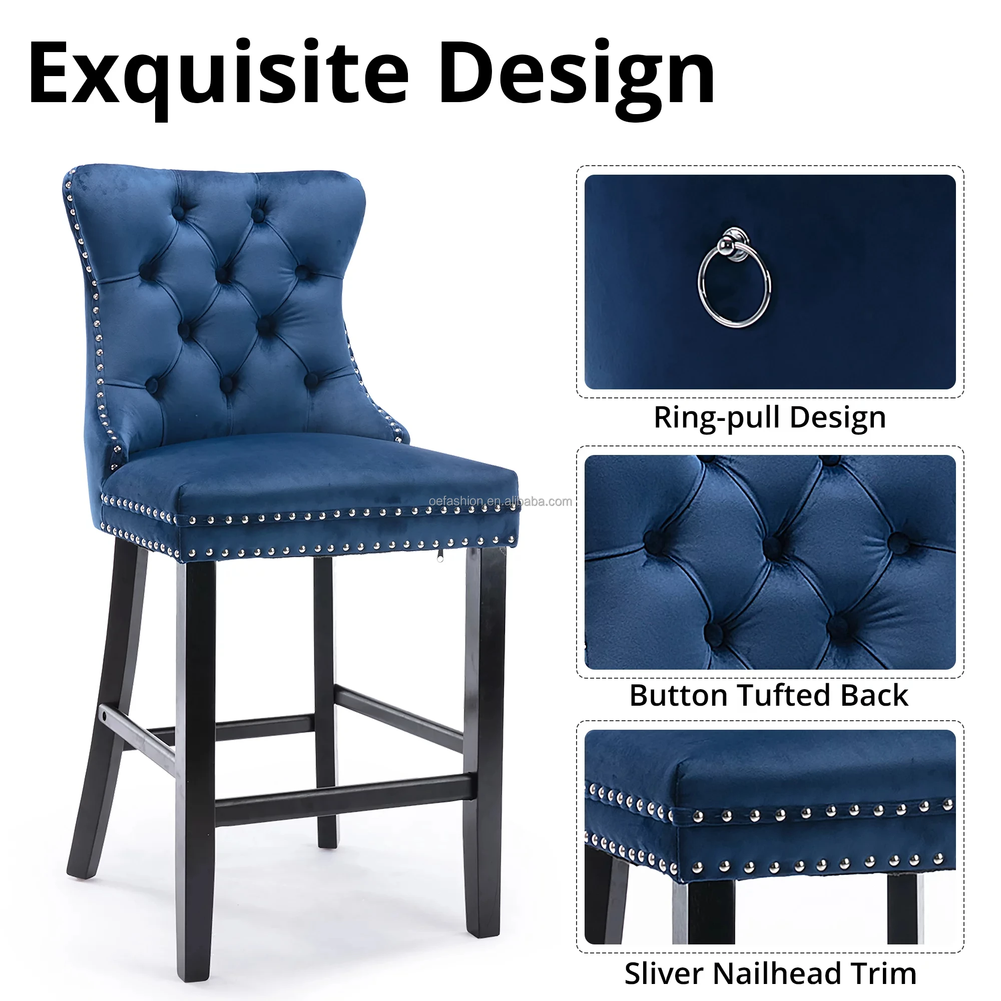 OE-FASHION Wholesale Modern Luxury Blue velvet  High Counter Height  Wooden Bar Stools For Kitchen