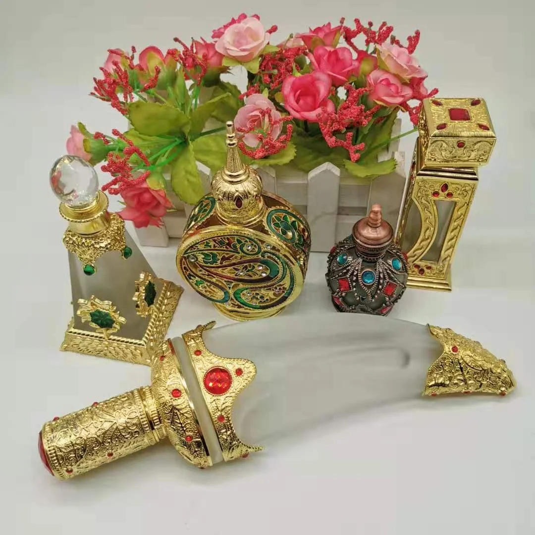 Hot Sale 3-50ml Unique Arabic Style Metal Essential Oil Attar Perfume Glass Bottles With Glass Stick