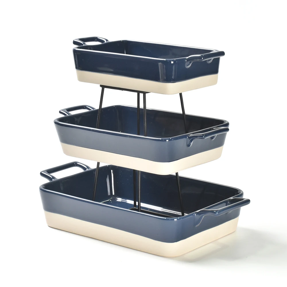 Wholesale Restaurant Two-color Ceramic Baking tray Sheet Set Microwave oven-safe rectangular baking sheet