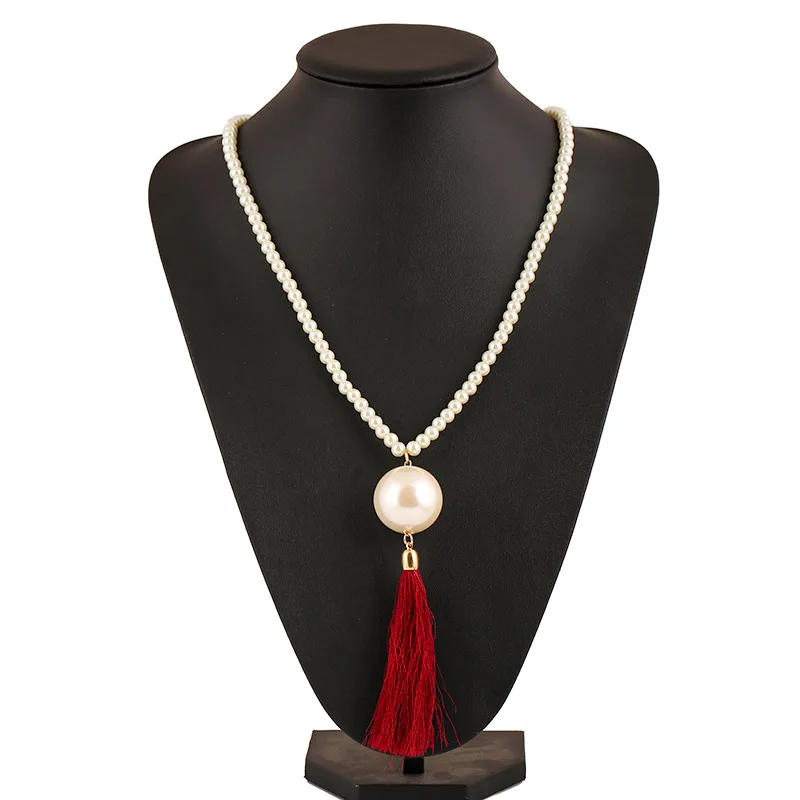 Оптовая продажа модная Длинная цепочка из белого каучука с имитацией жемчуга и бусинами цветное ожерелье хлопка кисточкой для свитера