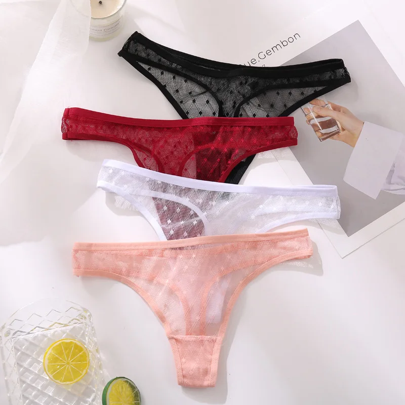 Women Lace Thongs Transparent G-string Panties Girl Dots Lace T-back Underwear Low-Waist Female Underpants Thong