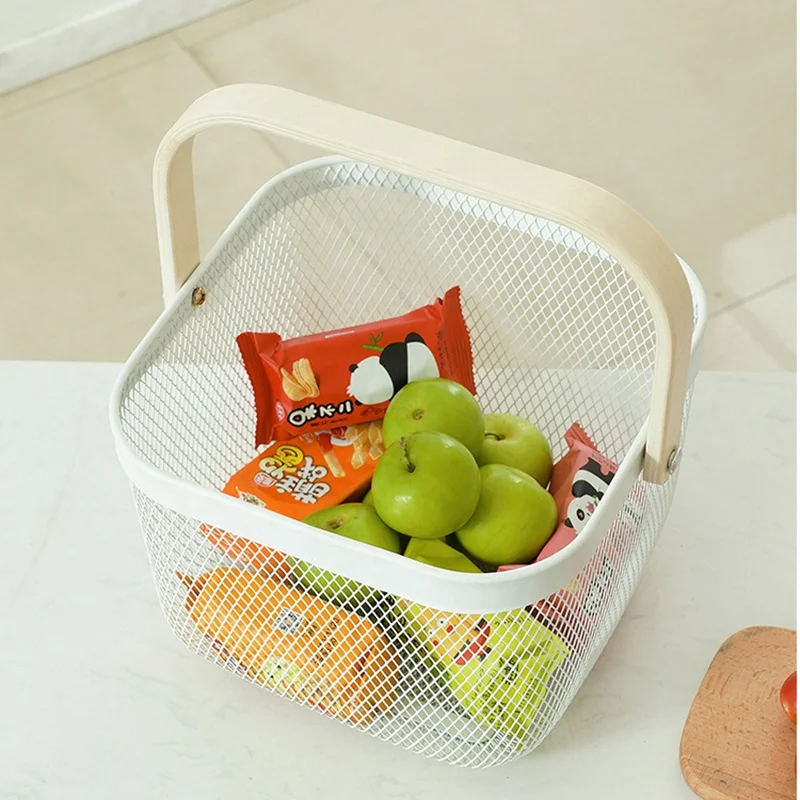 Multi-Functional Metal Wire Hanging Kitchen Fruit Basket with Bamboo Handle for Kitchen storage