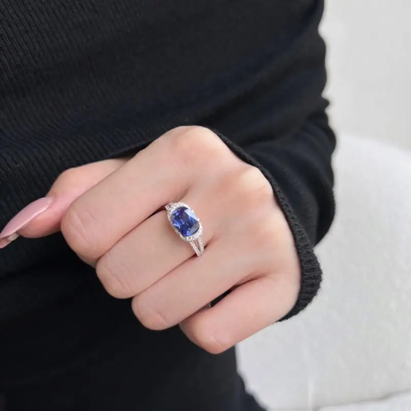 Dylam Custom Luxury Jewelry Iced Out Square Shape Diamond Sapphire Ring 925 Sterling Silver Engagement Wedding Ring For Women