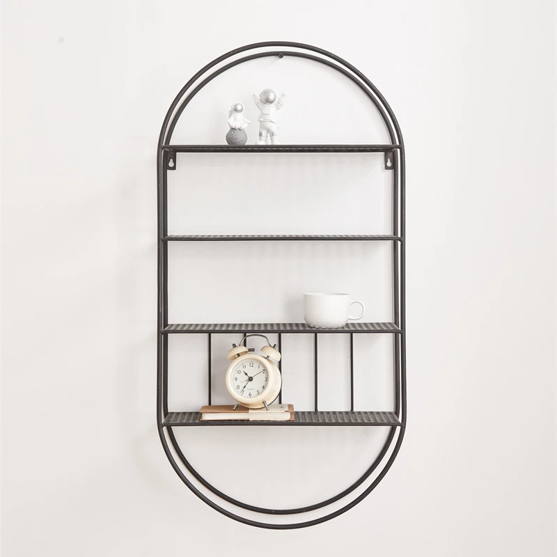 Nordic modern oval black metal wire wall floating shelf living room furniture manufacturer online store