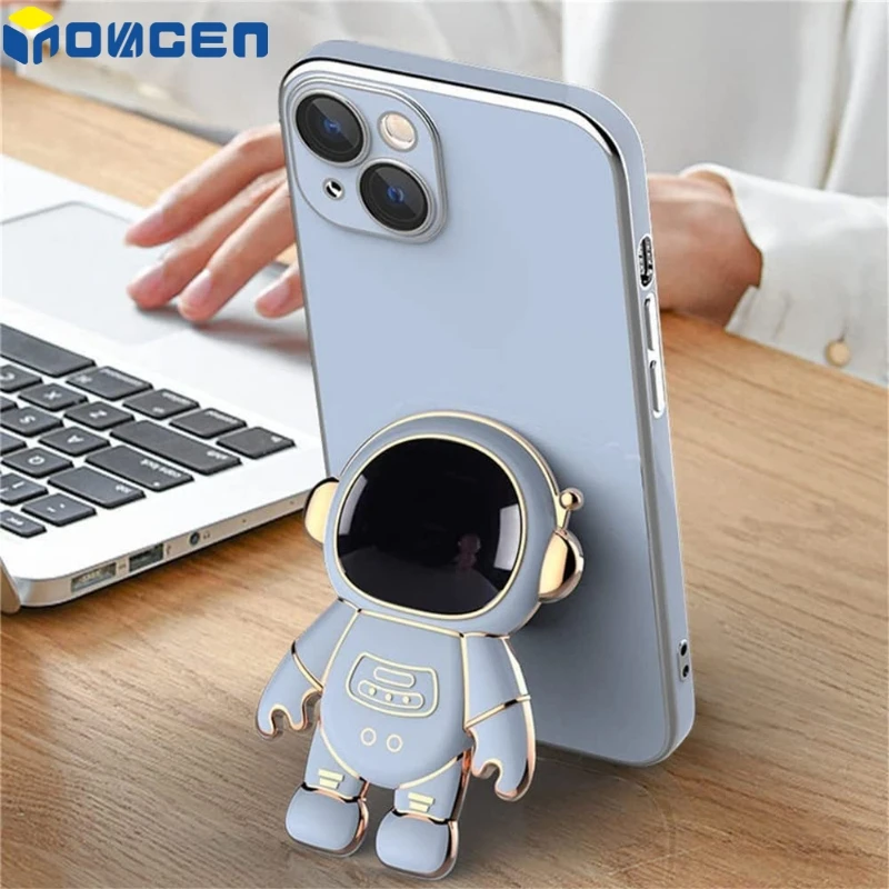 Astronaut Invisible Stand Case For 11 12 13 14 Pro Max Series/Shockproof Multicolor Metal Plating Phone Cover with Phone holder