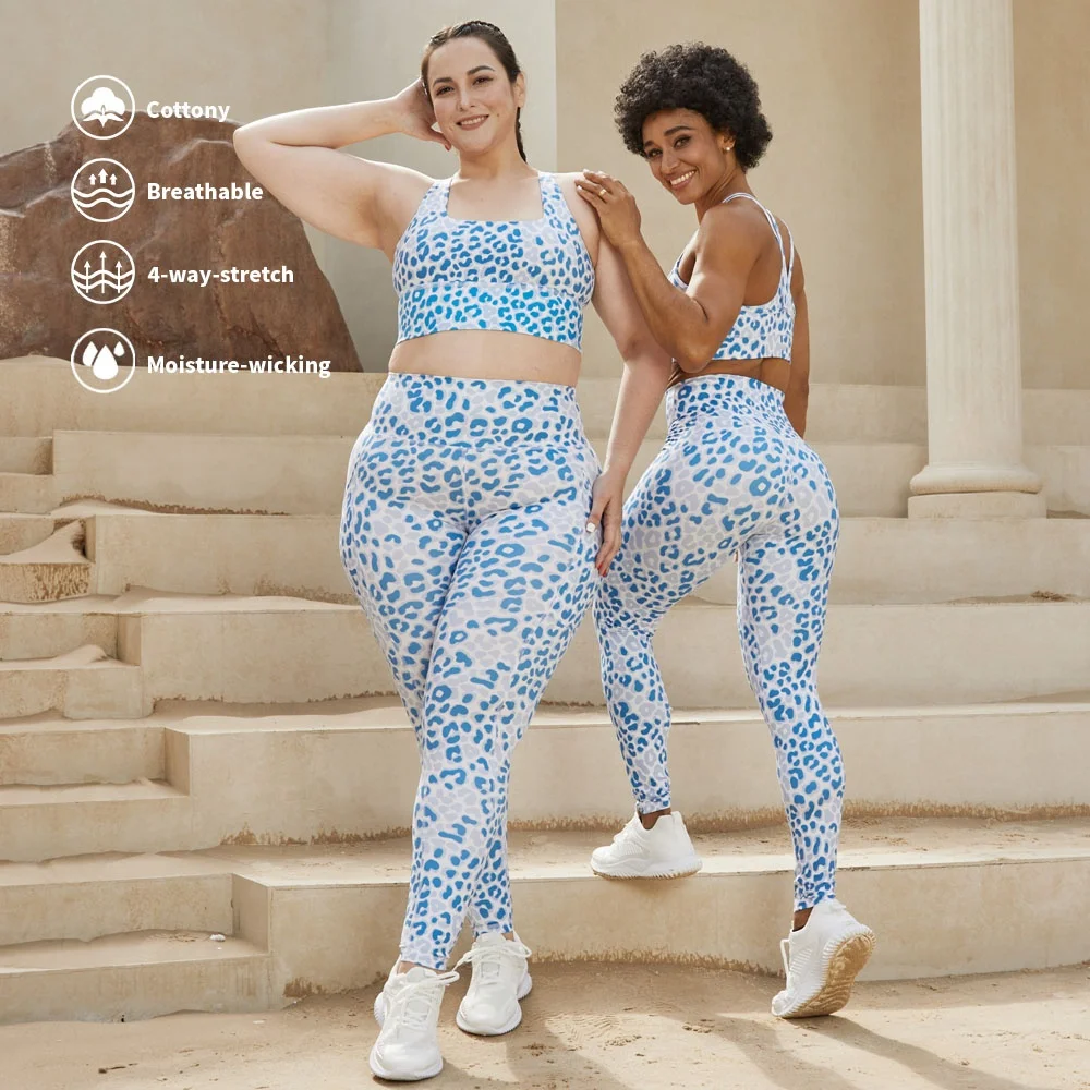 Supply Custom Blue Leopard Plus Size Yoga Sets High Support Big Size Bra Butt Lifting Yoga Leggings Fitness Gym Sets