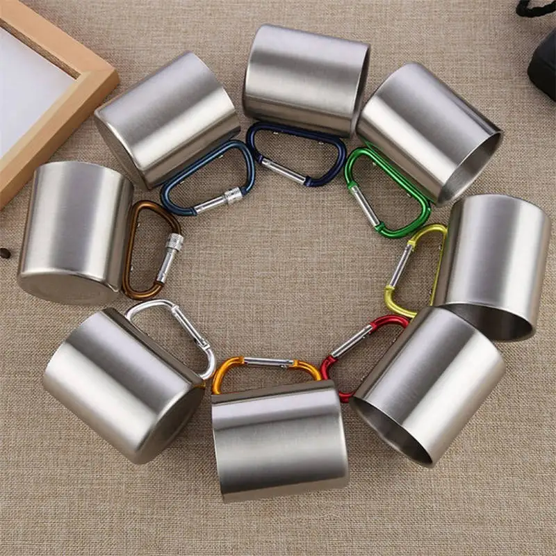 220ml outdoor camping travel portable stainless steel coffee cup double walled carabiner mug with handle