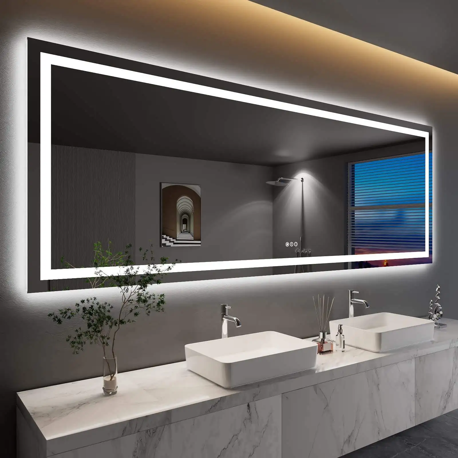 Waterproof Defogger Illuminated Mirror Large Rectangle Smart Touch Switch Bathroom Mirror with LED