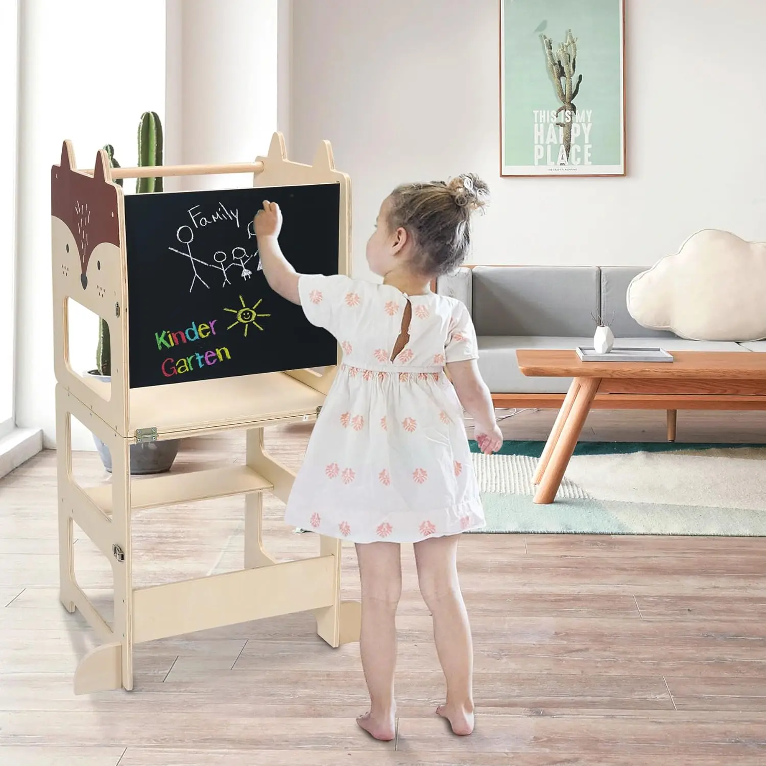 Kids Step Stool Toddlers Kitchen Stool Learning Foldable Toddler Table and Chair Set Wooden learning Tower with Chalkboard