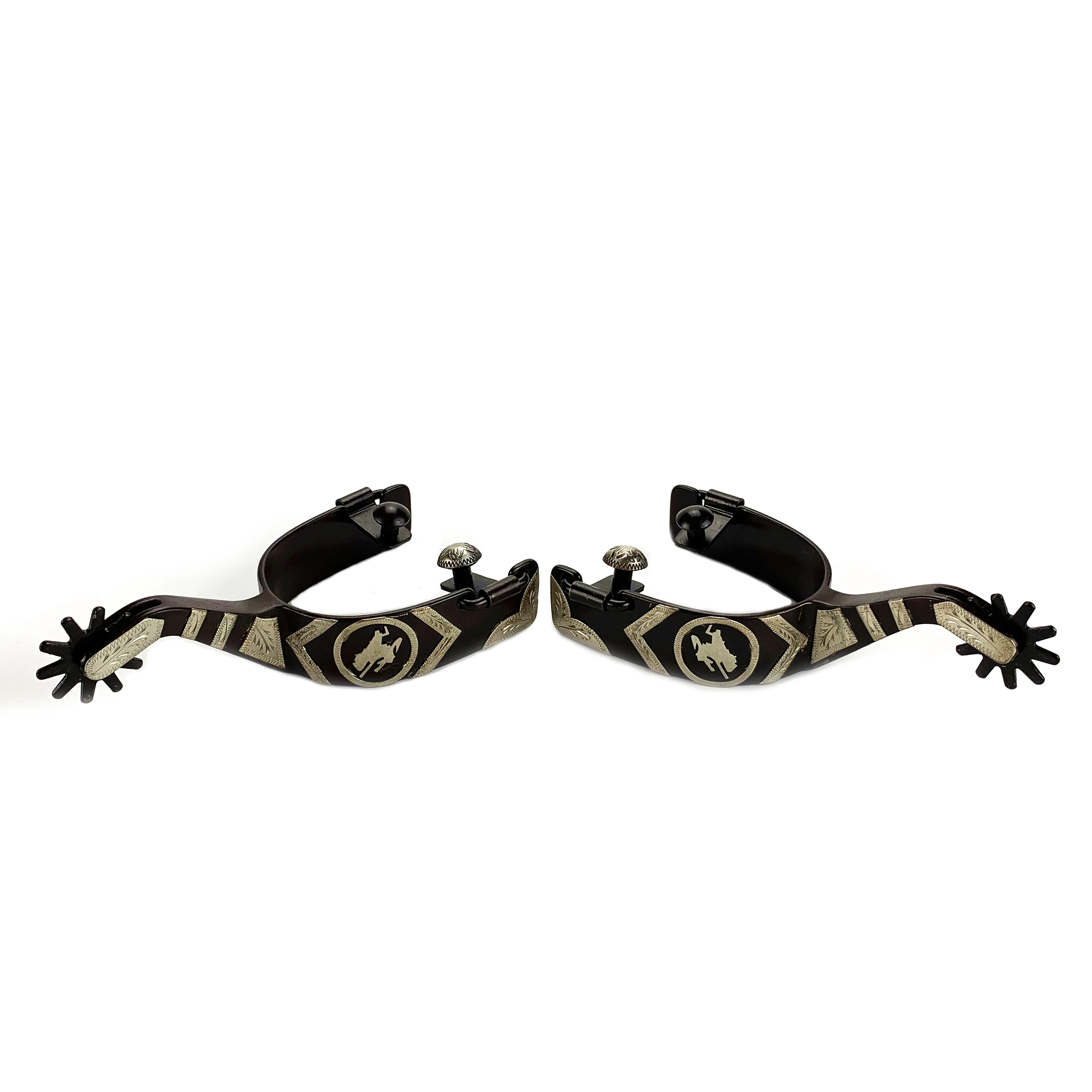 With GS Hand Engraved Bucking Cowboy Concho & Bar Trim Spur