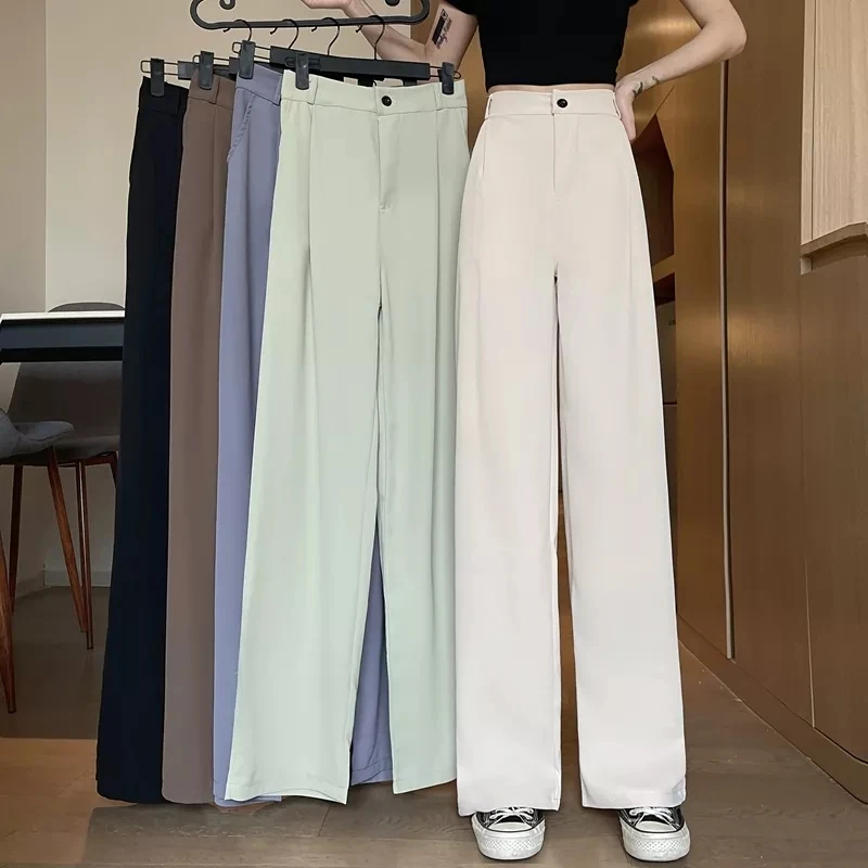 PT417 Women Loose High Waist Wide Leg Pants  Spring Autumn Casual Straight Suits Pant Female Solid Plus Size 4XL Long Trousers