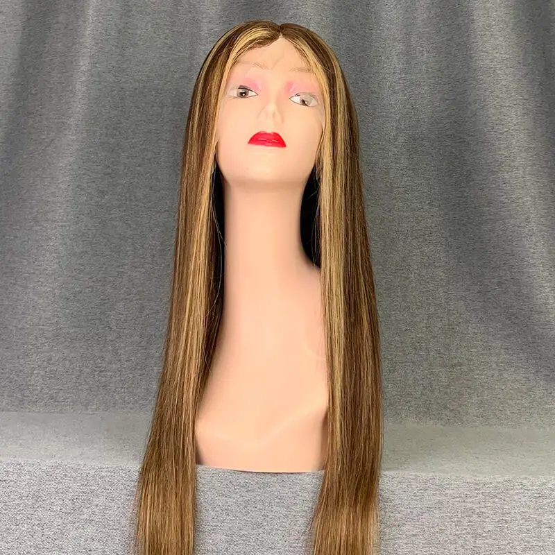 Rosspretty Drop Shipping 180% Density Silk P4/27 Human Hair Straight Ombre Honey Highlight Color Lace Frontal Real Wig
