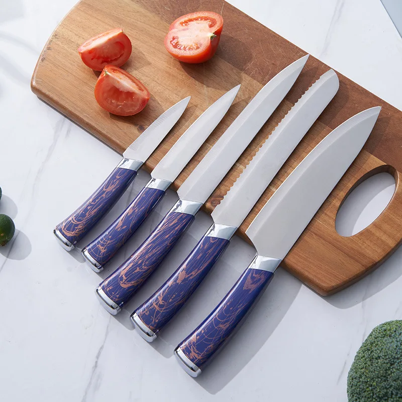2025 new modern kitchen knives stainless steel 7 pcs chef knife set with colored handle kitchen knife set acrylic stand
