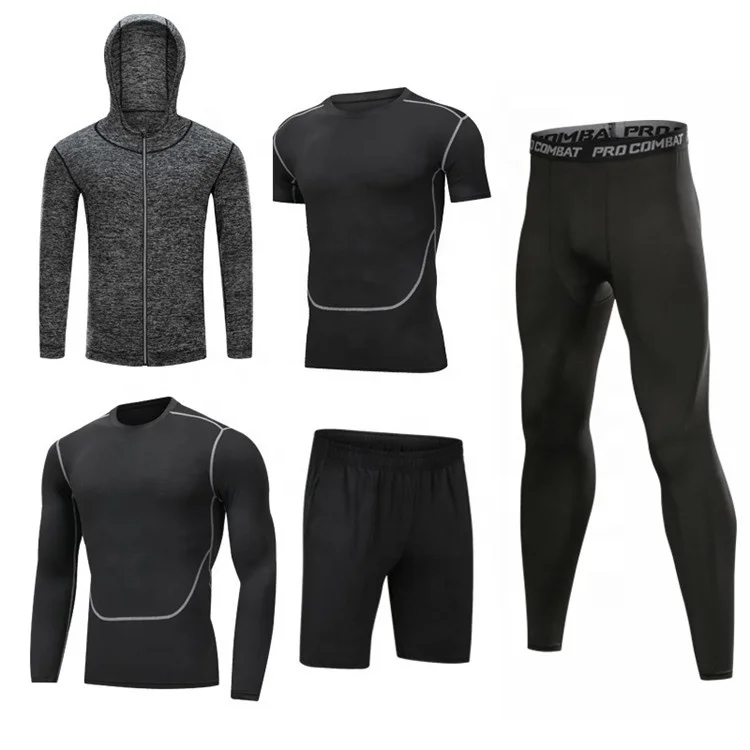 
Wholesale Men Sportswear Quick Dry Compression Wear Suits Adults Polyester Spandex 5 Pieces Gym Fitness Sets 