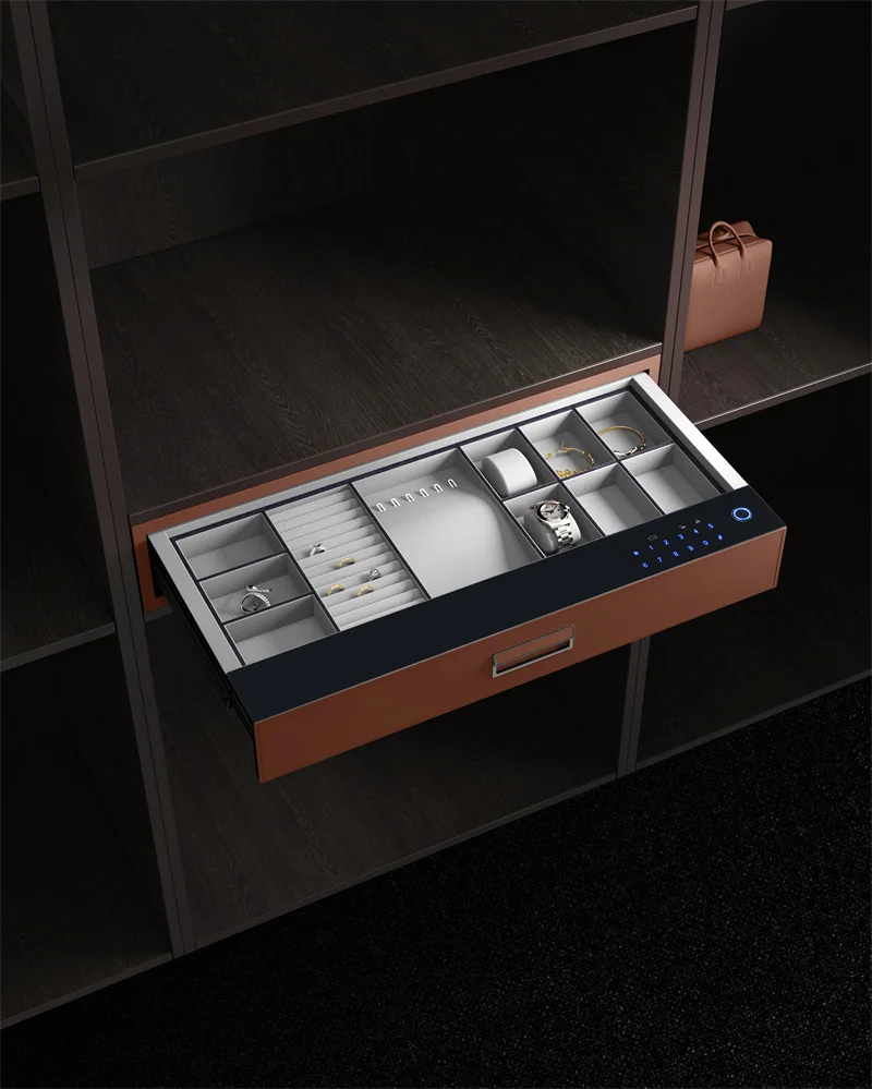 Automatic Pop Up Alloy Aluminum Secret Hidden Smart FingerPrint Leather Safe Box Cabinet Touch Password Lock Storage Drawers