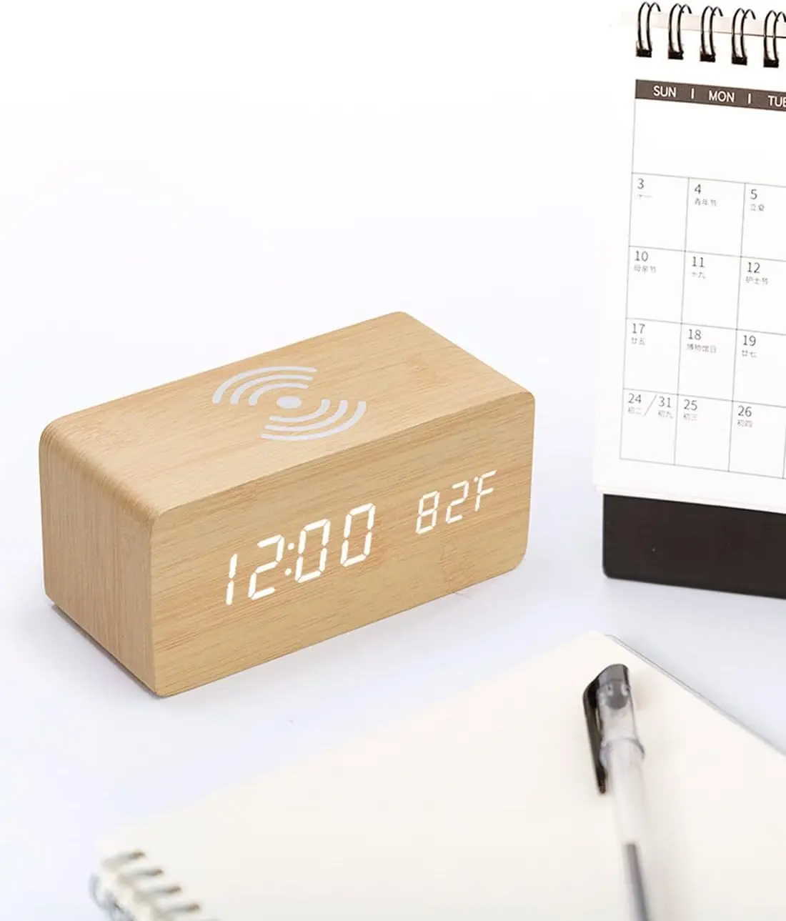 Digital Wooden Alarm Clock, 4-in-1 Multifunction, Bamboo and Wood,Wireless Charging Desk Clock,Wake up Light Sunrise Alarm Clock