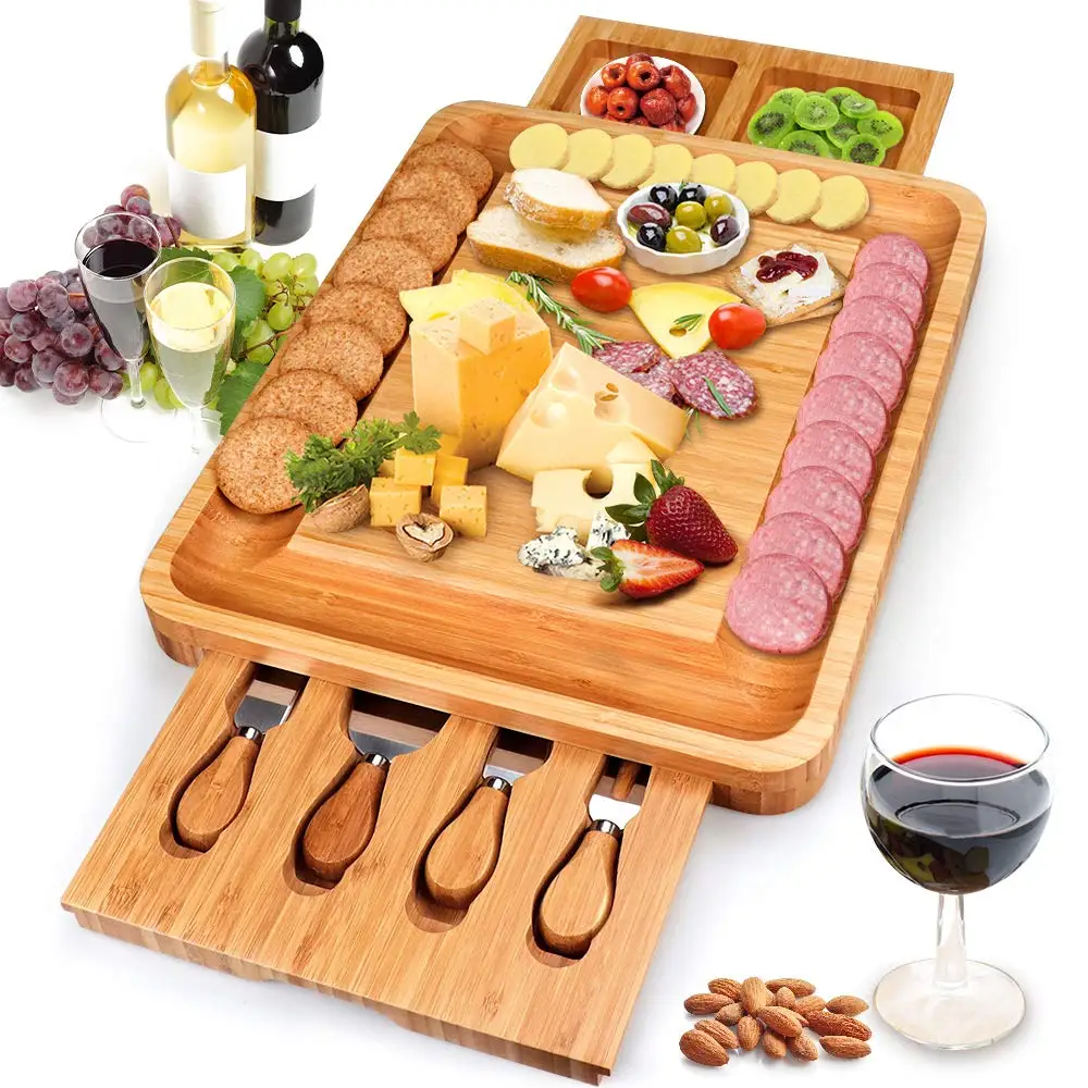 Best sell Large Bamboo Cheese Cutting Plates Board Set and Knife Set With Hidden Slide Drawers Wood Charcuterie Platter Board