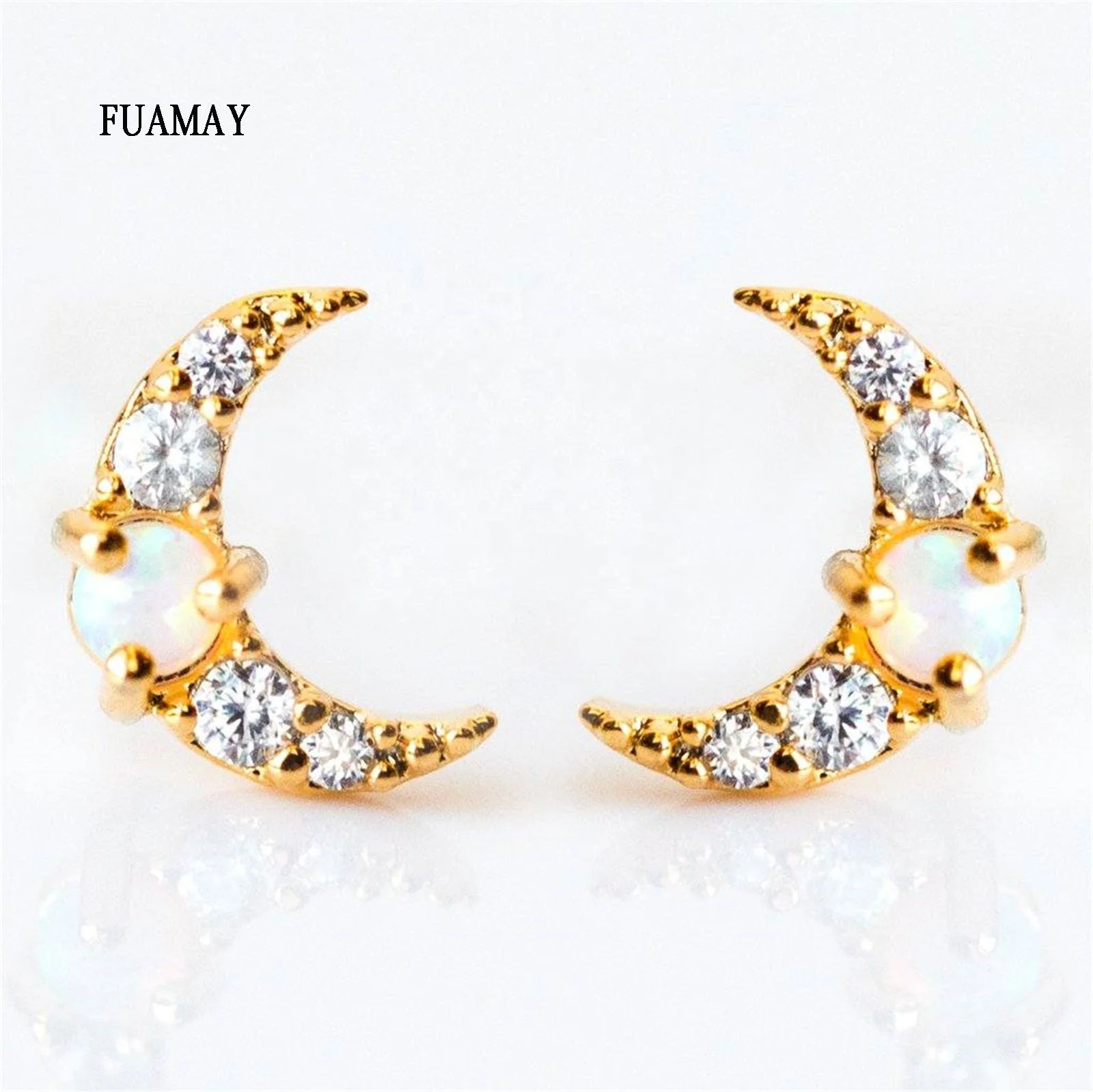 FUAMAY Branded Earring 2024 Mini Moon Moonstone Opal Stud Earrings Crescent Moon Earrings 925