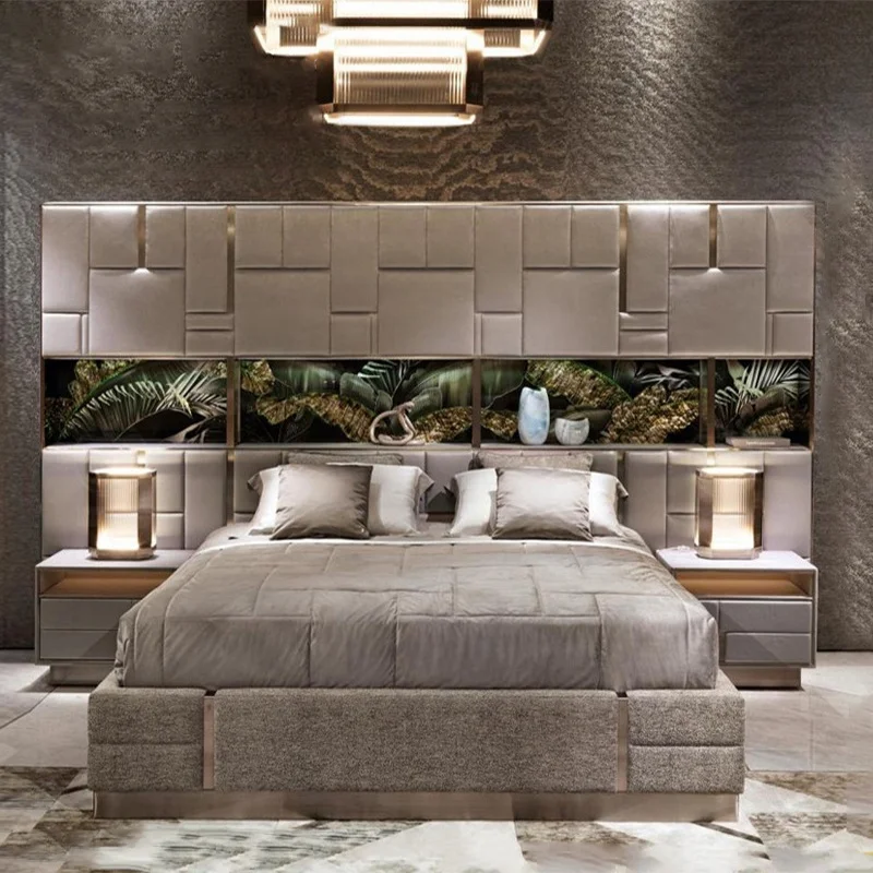 MIDOSO Modern Italian Design Luxury frame full size headboard and stainless-steel base King Size Bed