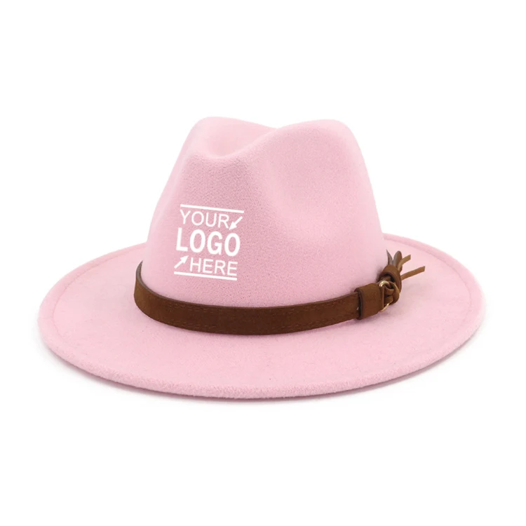 High Grade Custom 100% Wool pink Colored Church Cloche Cap Elegant Leather Belt Fedoras Hat Cowboy Cap For Women cowboy hats