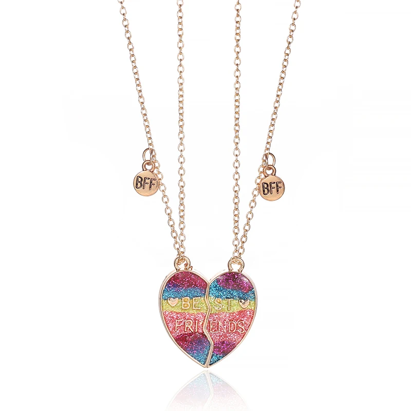 Fashion Wholesale Kids Best Friend For 2 Jewelry Sets Fancy Rainbow Glitter Enamel Magnet Heart Pendent Necklaces for girl