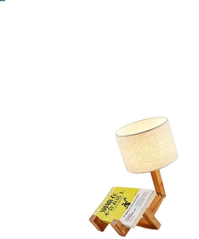 Solid wood humanoid lamp creative Nordic fashion style study bedroom bedside desk light wood robot folding LED table lamp
