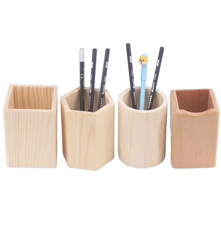 Natural Wood Pen & Pencil Holder Cups, Desktop Office Organizer, Small Storage Caddy Box Pen Organizer Wooden Pencil Holder