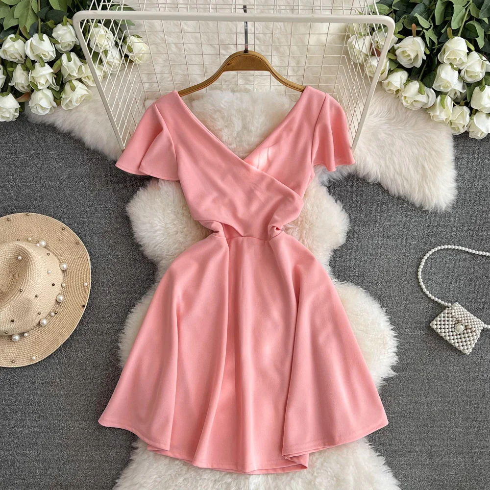 Customized 2024 Summer V-neck Off Shoulder Pink Solid Color A-line Dress Slim Women