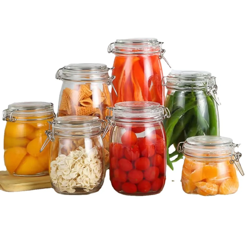Manufacturer Empty Round Pickle Jam Fruit Wine Enzyme Jars 500ml 750ml 1 L Canning Sealed Glass Jar With Clip Lid