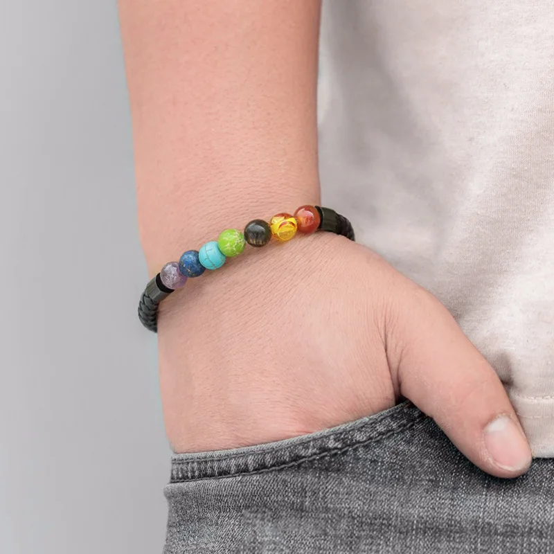 Father's Day Dad Natural Stone Beaded Braided Genuine Leather Bracelets Stainless Steel Magnetic clasp Men's Bracelets Gift.jpg