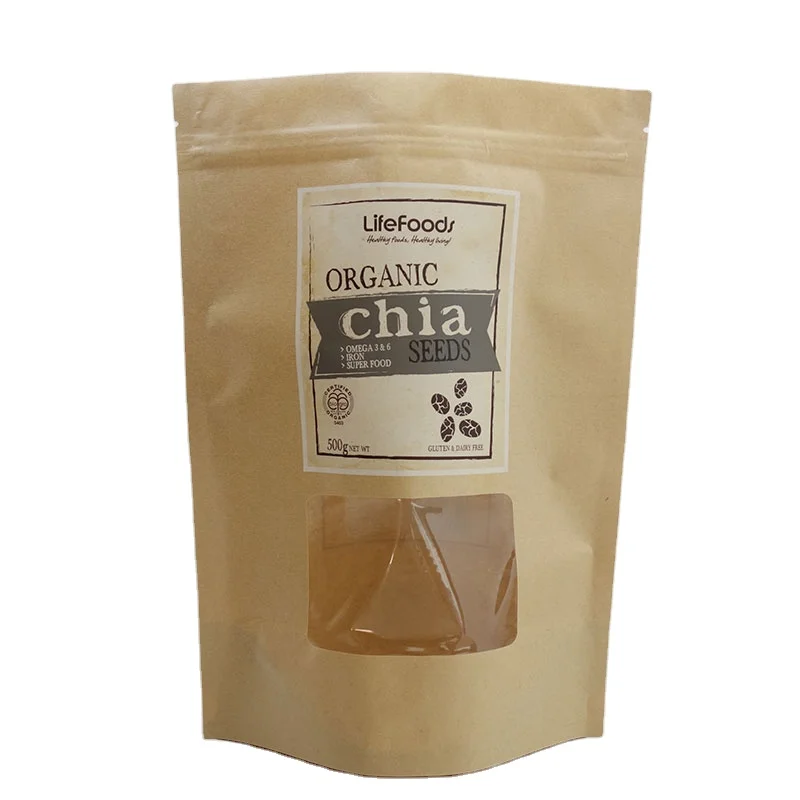 Aluminum foil mylar flexible chia seeds packaging bag stand up pouches with window zipper for food kraft paper packaging