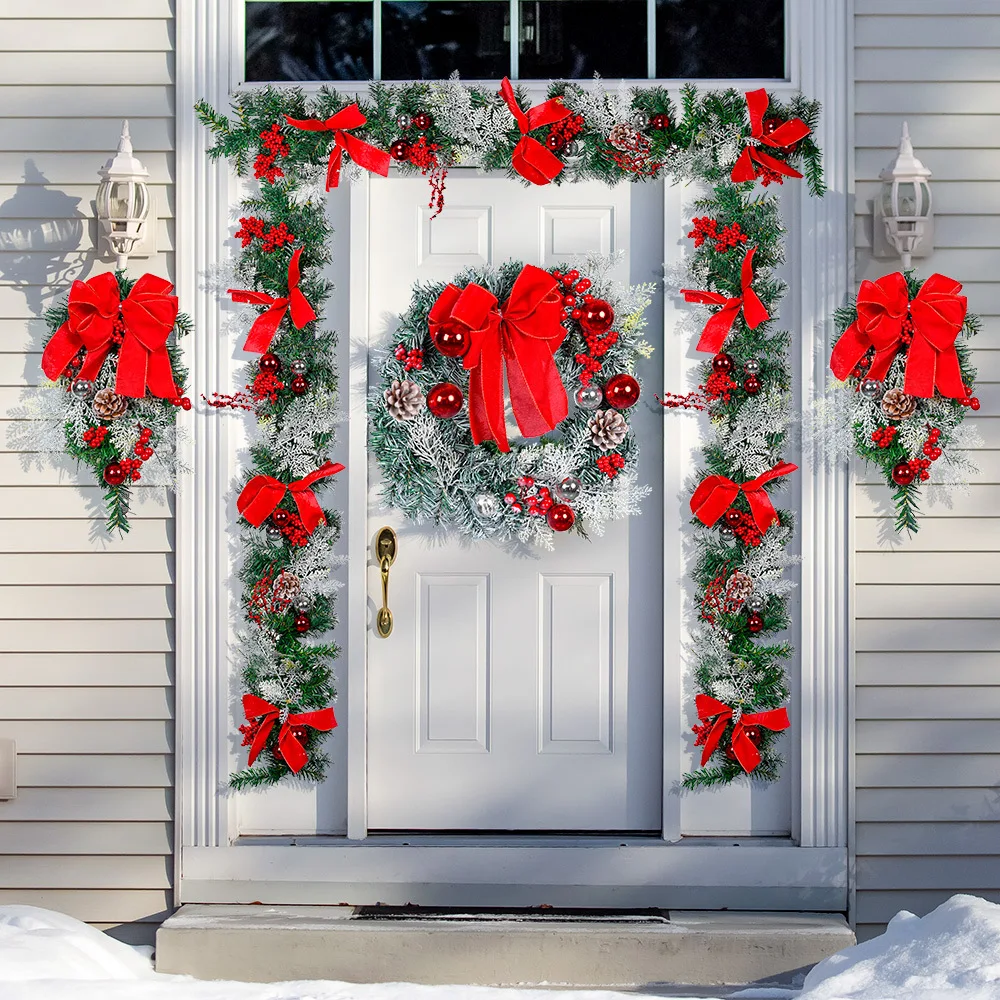New Red Flower Christmas Wreath Merry Christmas Front Door Ornament Wall Artificial Pine Garland for Party Decor