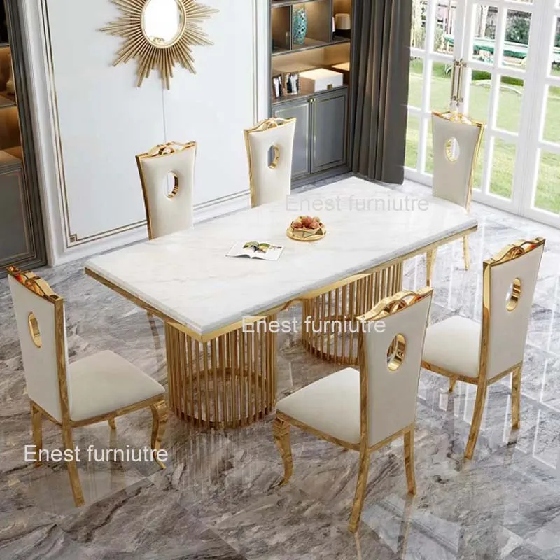 luxury Gold Two round Stainless Steel Base Modern Design Dining Table 6 chairs with marble top for dining room furniture