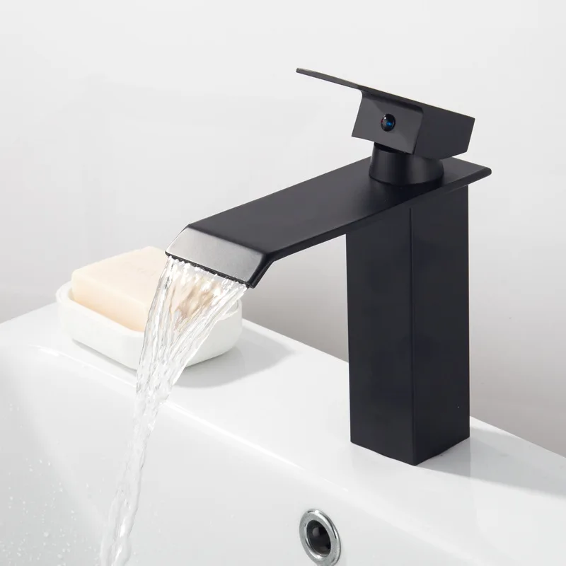 Wholesale Moder Stainless Steel Matte Black Single Handle Waterfall Lavatory Bathroom Sink Faucet Mixer Vanity Tall Basin