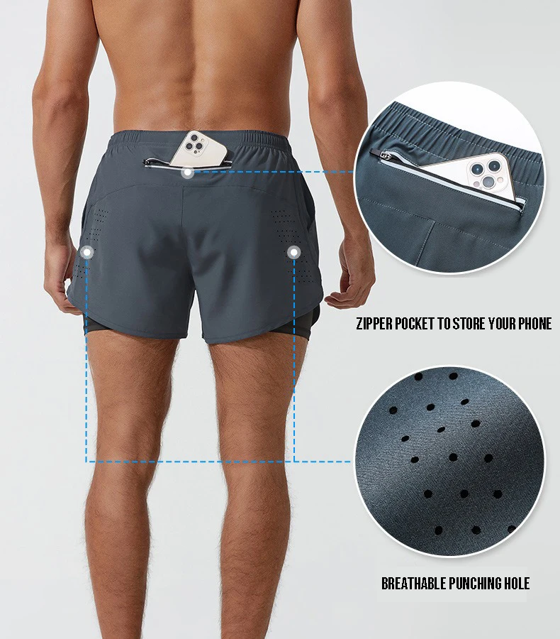 Custom Logo Double Layer Lined Quick Dry Training Active Shorts Casual Built in Gym Sport Fitness Running Short Summer Men 50 Cs