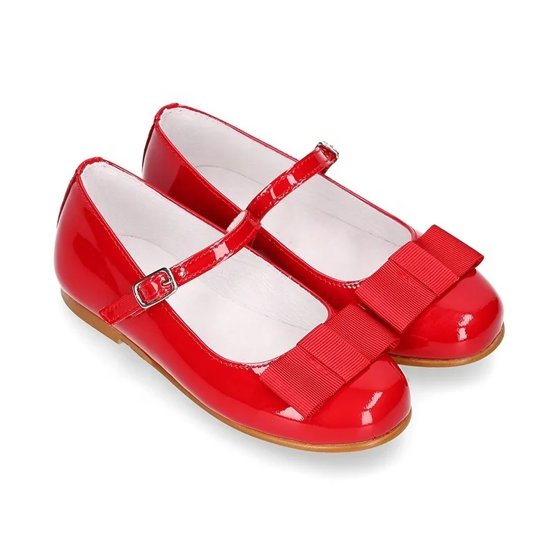 Exclusive Model Wedding Party Kids Dress Shoes Red Girl Patent Leather Shoes with Buckle and Bow Ribbon