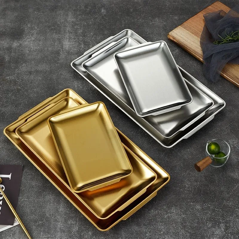 Hot Selling Wholesale Custom Logo Square Plate Gold Silver 304 Stainless Steel Barbecue Plate Kitchenware