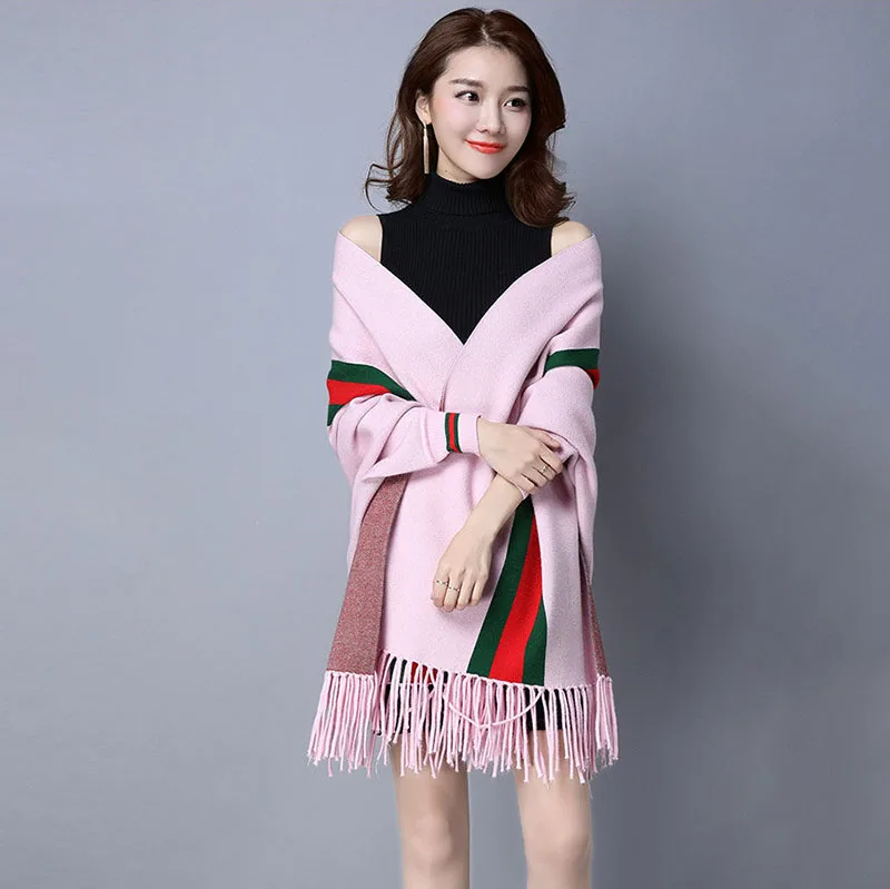 Latest Design High Quality Women Acrylic Knit Striped Pattern Cardigan Winter Cape Shawl Poncho For Womens Scarf