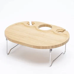2021 New Design Idea Accessories Portable Bamboo Round Camping Table Folding Table  with Stainless steel legs Dining Table
