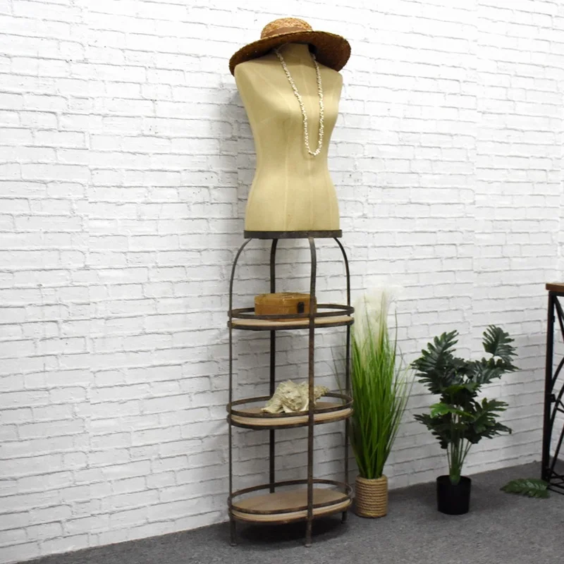 Luckywind Vintage Rustic fabric Plastic Wood Display Body Dress Form Female Mannequin With 3 tier Shelf
