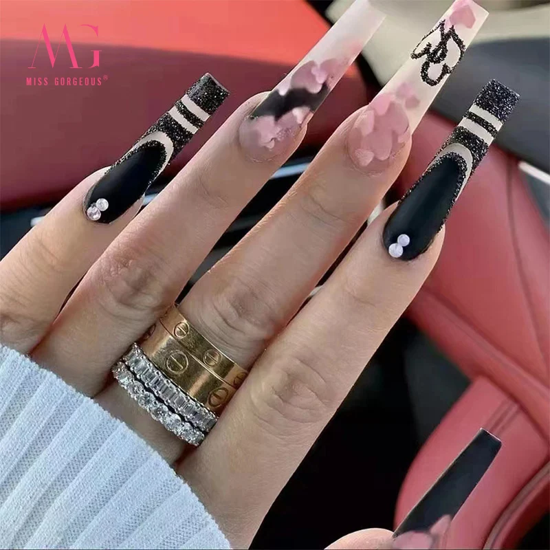 MG 24pcs Many Designs New Diamond Full Nail Tip Press On Nails Private Label Coffin Artificial Fingernails Tips For Women