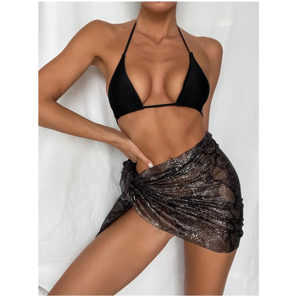 Three Piece Swimsuit Cover Up Dress Skirts 2021 Women Sexy Thong Bikini Halter Neck String Super Mini Bathing Suit